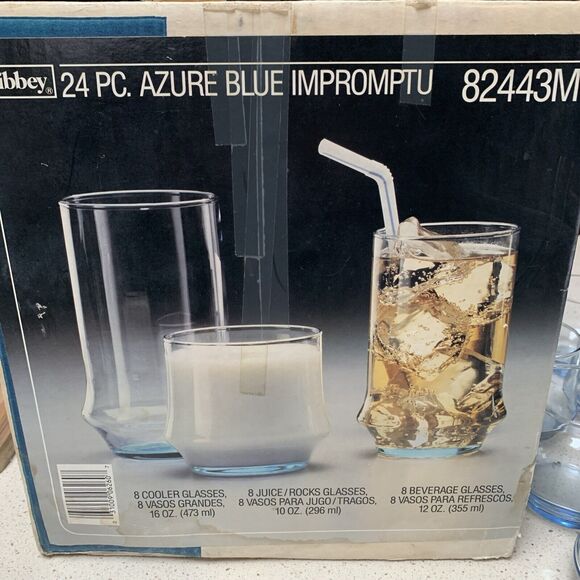 Vintage Libbey Azure Blue Impromptu 24 Piece Glasses New Condition in Open Box